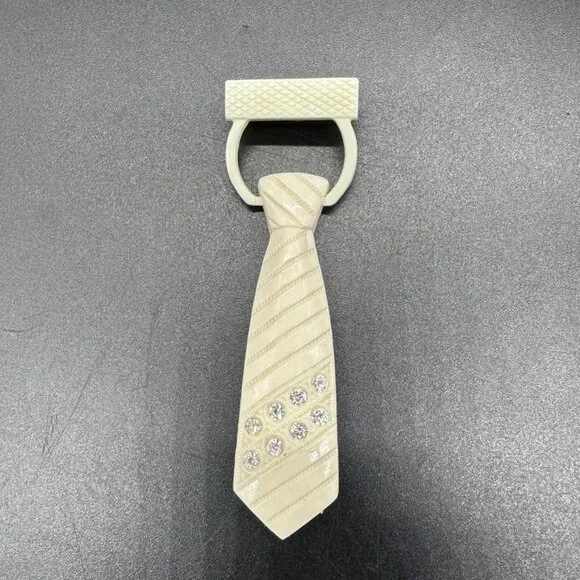 Vintage Brooch Pin Necktie Novelty Accessory Tie Cream Plastic Rhinestones Retro - Picture 2 of 6